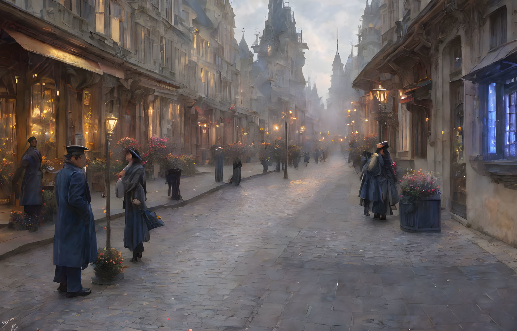 Vintage street scene at dusk with historical attire, glowing lamps, and nostalgic buildings.