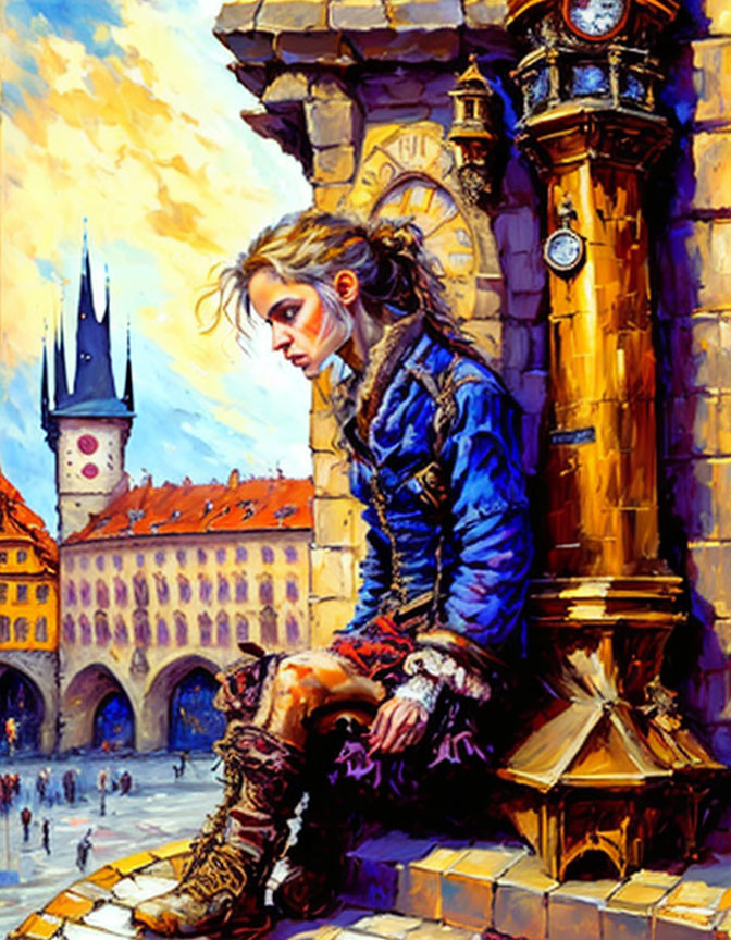 Young woman in blue jacket at clock tower square