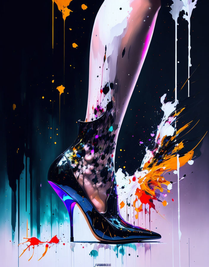 Vibrant paint splashes on high heel leg in colorful background