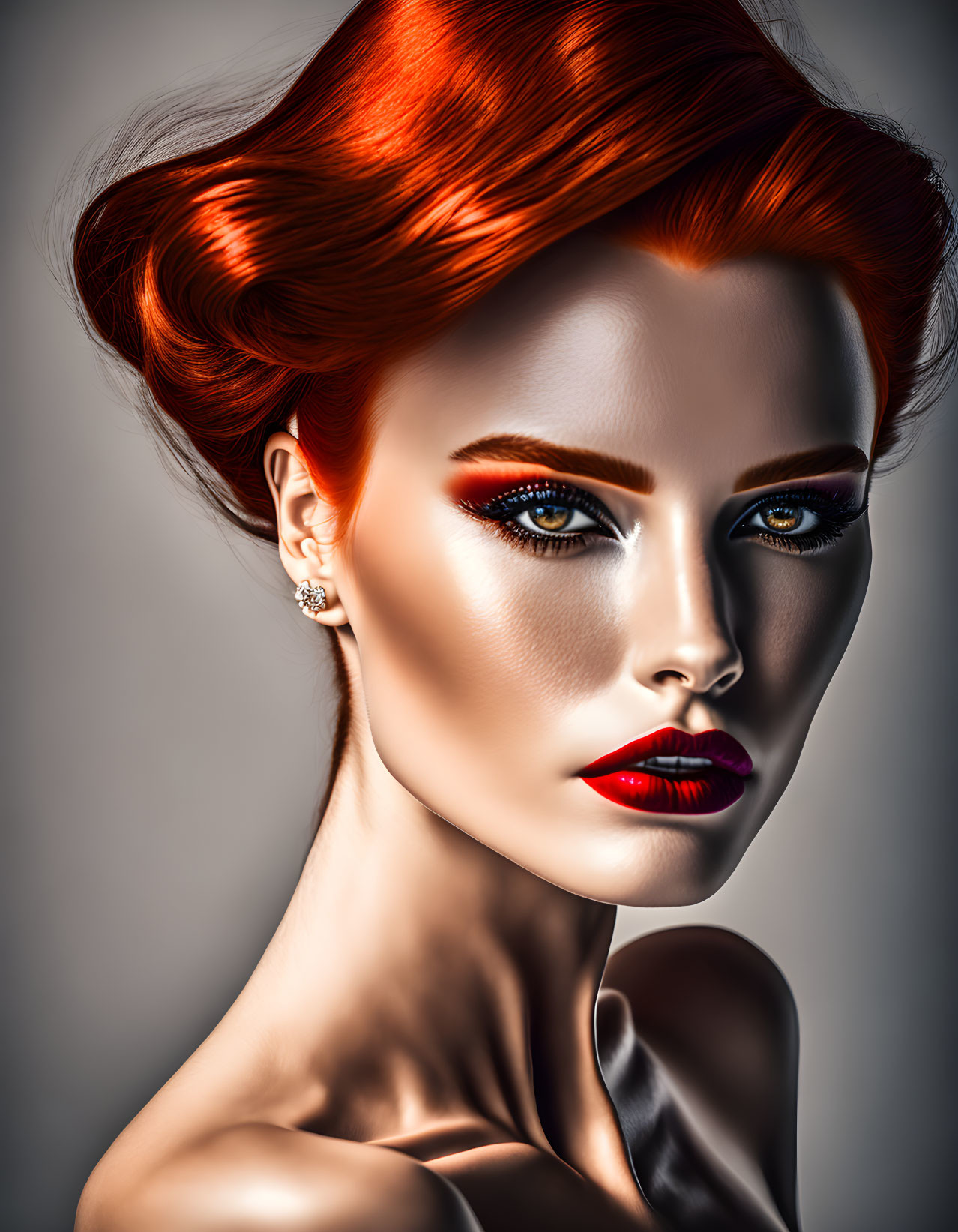 Woman with Vibrant Red Hair and Bold Makeup Portrait