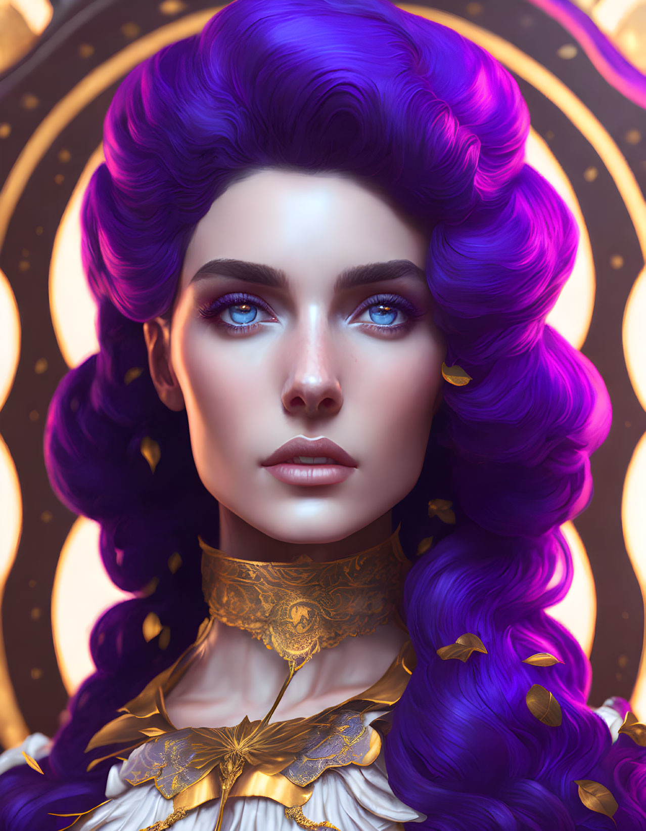 Vibrant purple hair woman with blue eyes and golden accessories on circular background