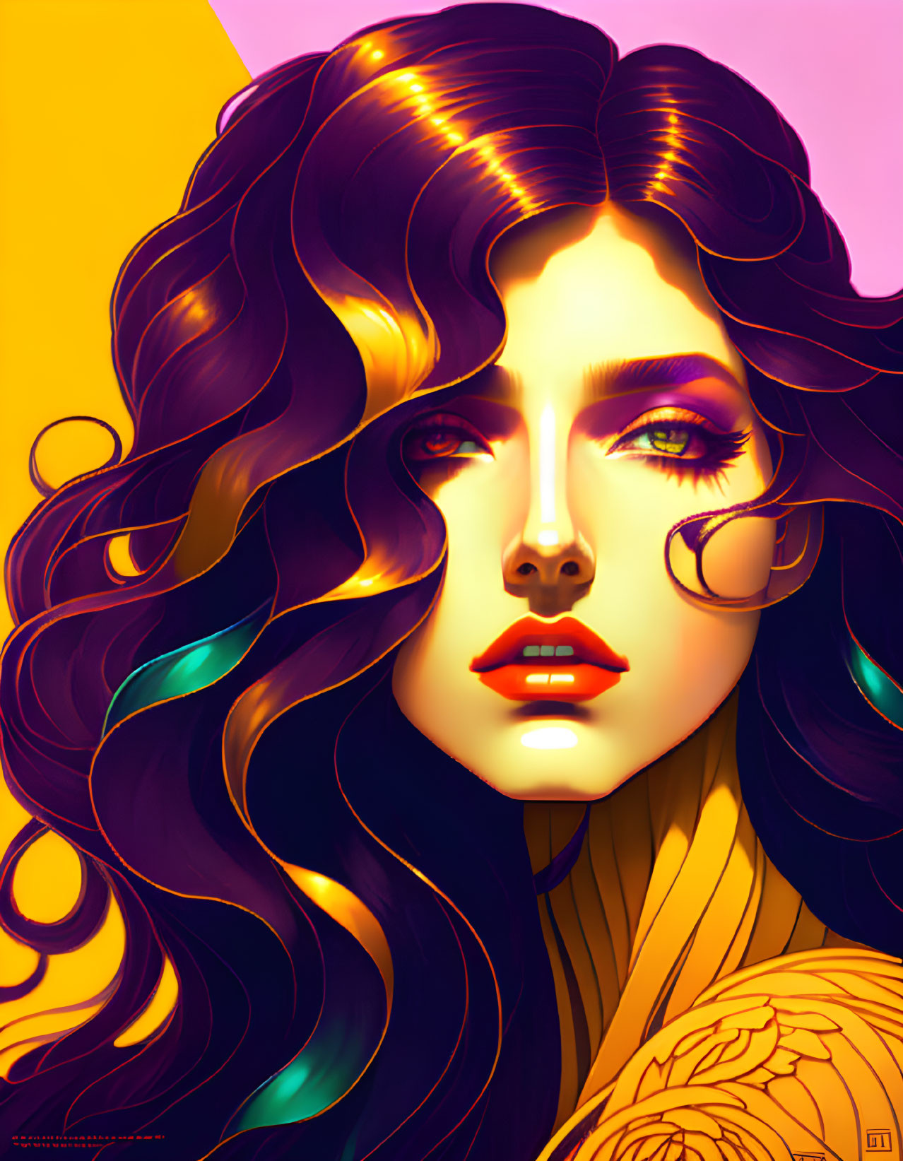 Colorful digital artwork of a woman with curly hair, bold makeup, and a rose on a gradient