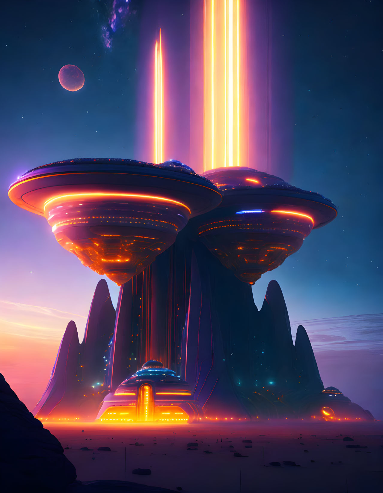 Futuristic cityscape with glowing UFO-like structures under twilight sky