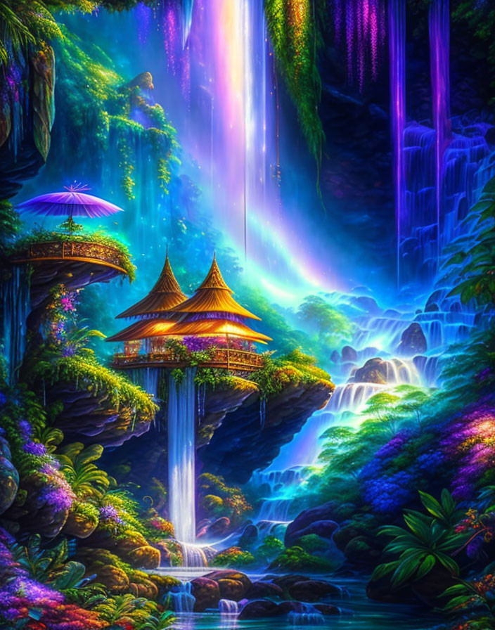 Colorful fantasy landscape with waterfall, glowing flora, and pagoda-style structures