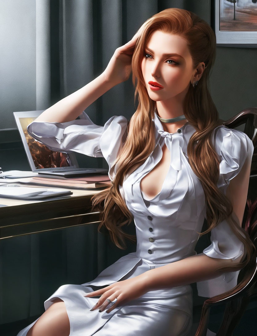 Digital artwork of woman with auburn hair in white dress by window with laptop