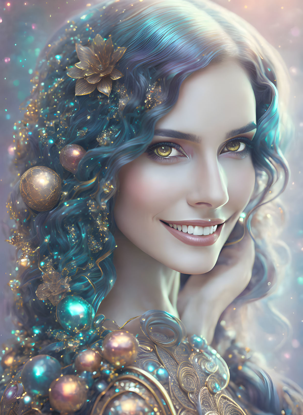 Fantasy digital portrait of a woman with blue hair and floral adornments.