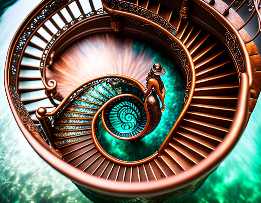 Bronze spiral staircase descending into water with surreal pattern.