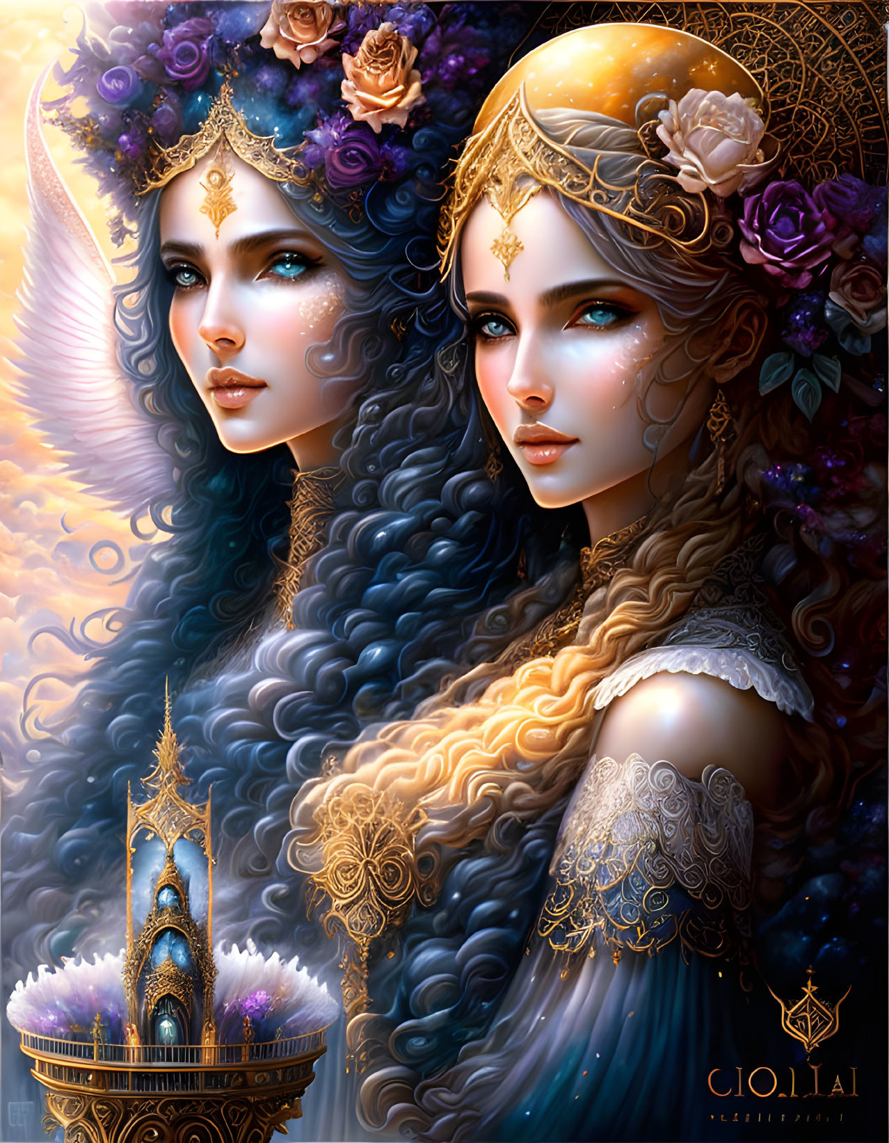 Ethereal women with elaborate hairstyles and gold jewelry in fantasy castle setting