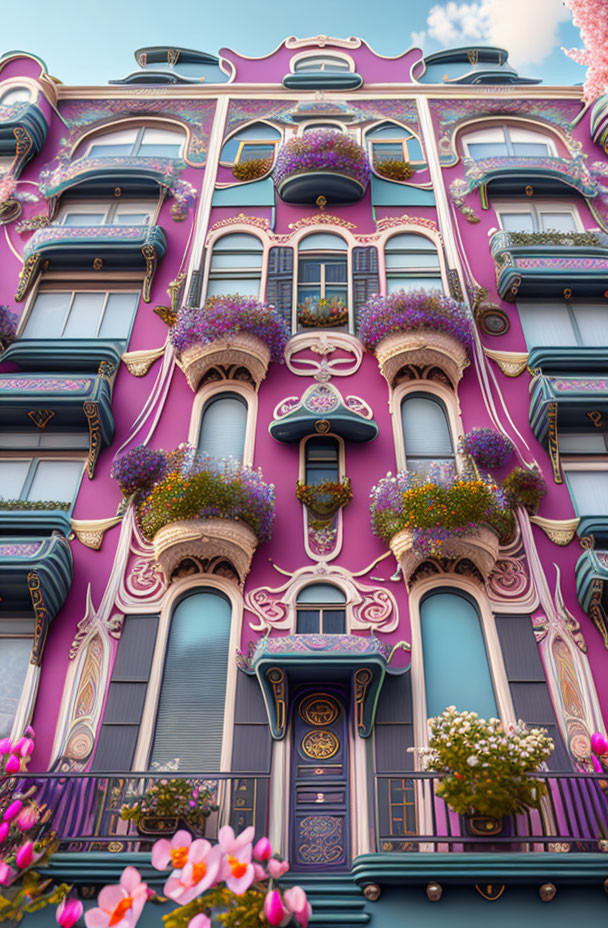 Colorful ornate building with floral decorations and gold trimmings under blue sky