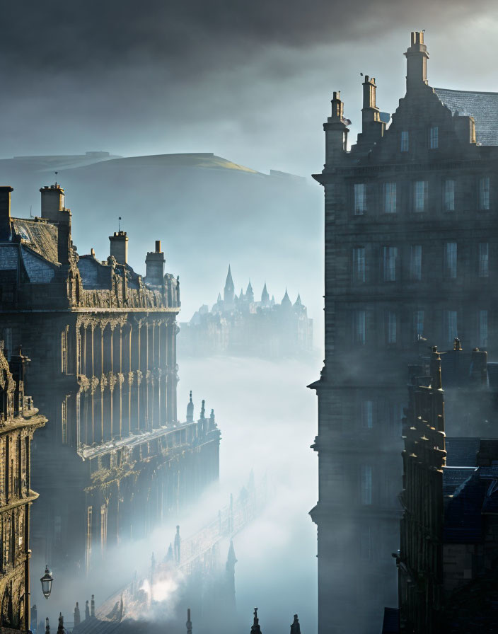 Historical buildings and mountain silhouette in misty cityscape