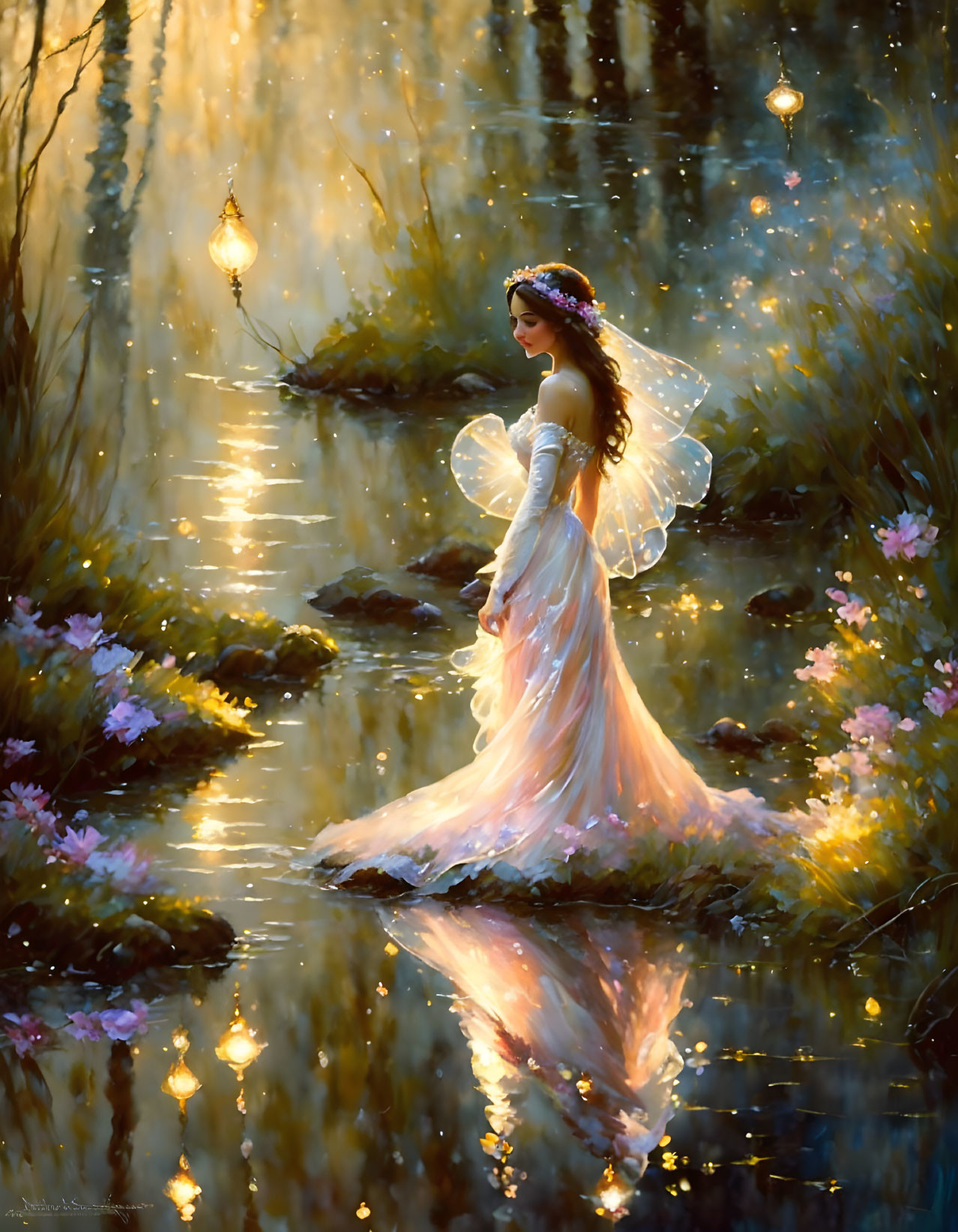 Woman in flowing dress with fairy wings by pond with lanterns at twilight