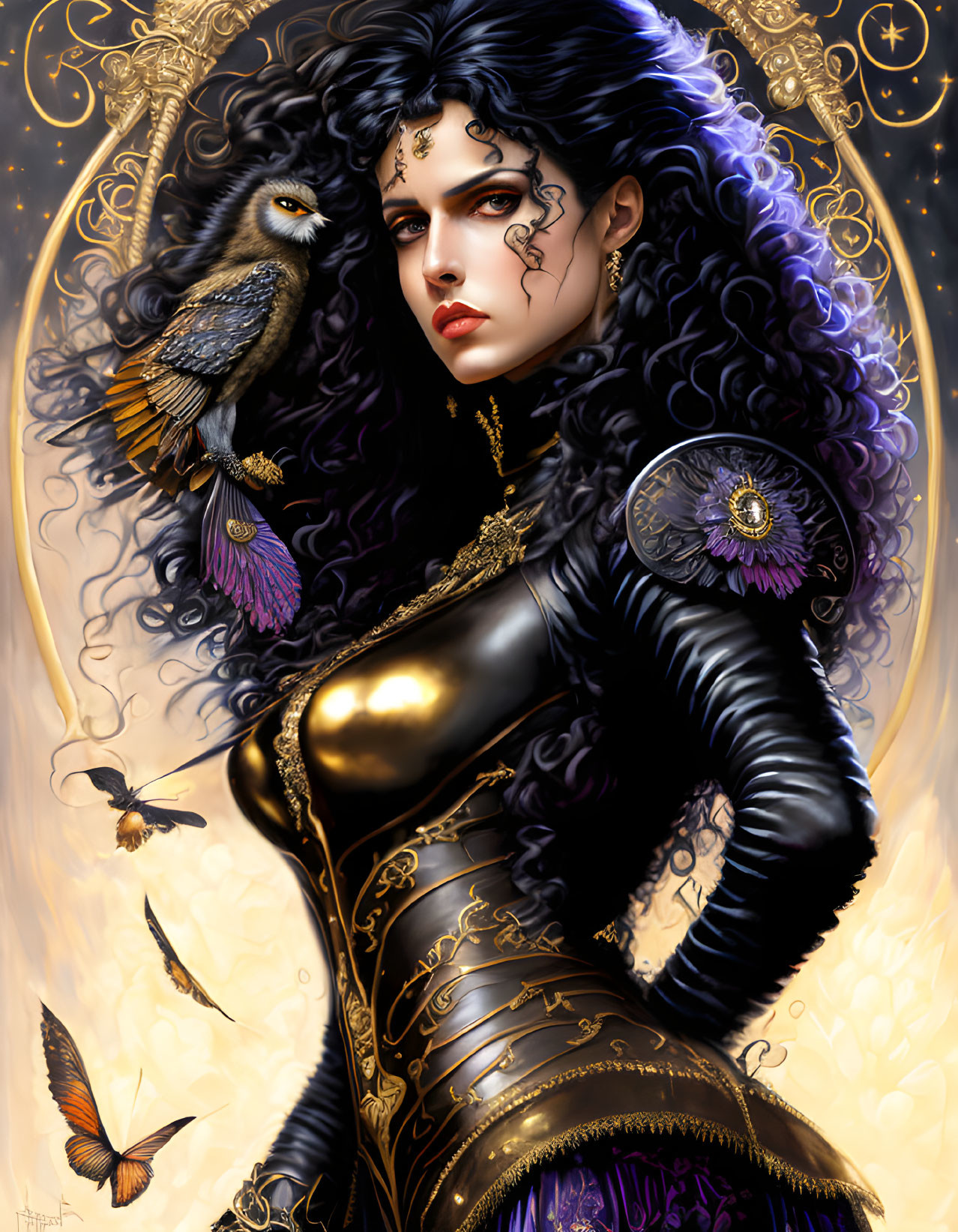 Digital illustration: Woman in black and gold armor with owl in celestial background