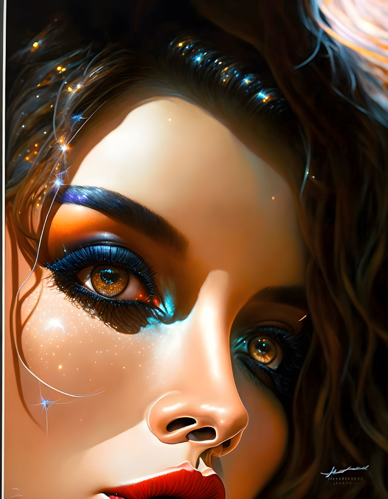 Detailed digital portrait of a woman with blue eye makeup and red lips