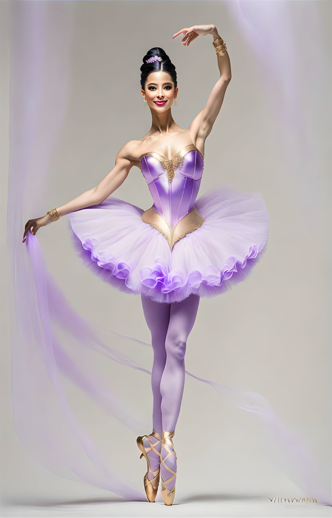 Graceful ballet dancer in lilac tutu on pointe with tiara and smile