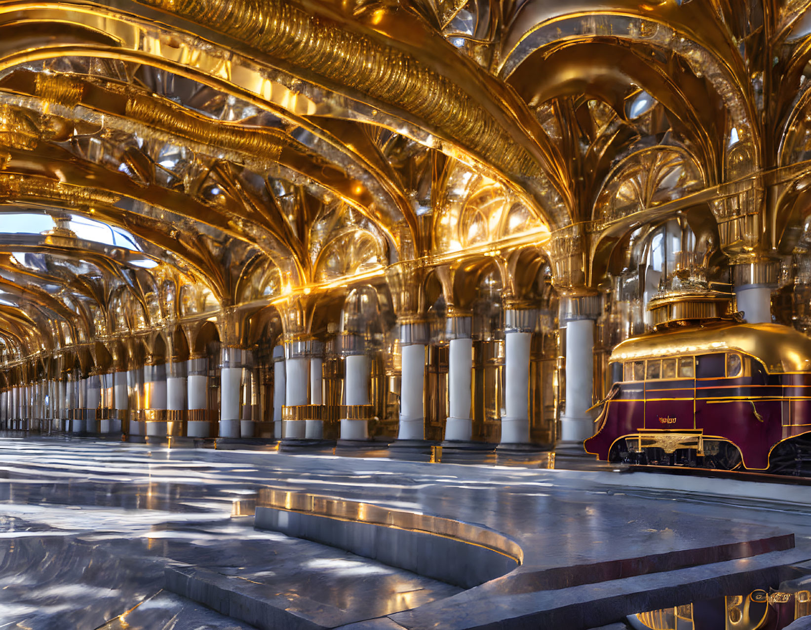 Ornate golden train station with vintage maroon train and polished floor