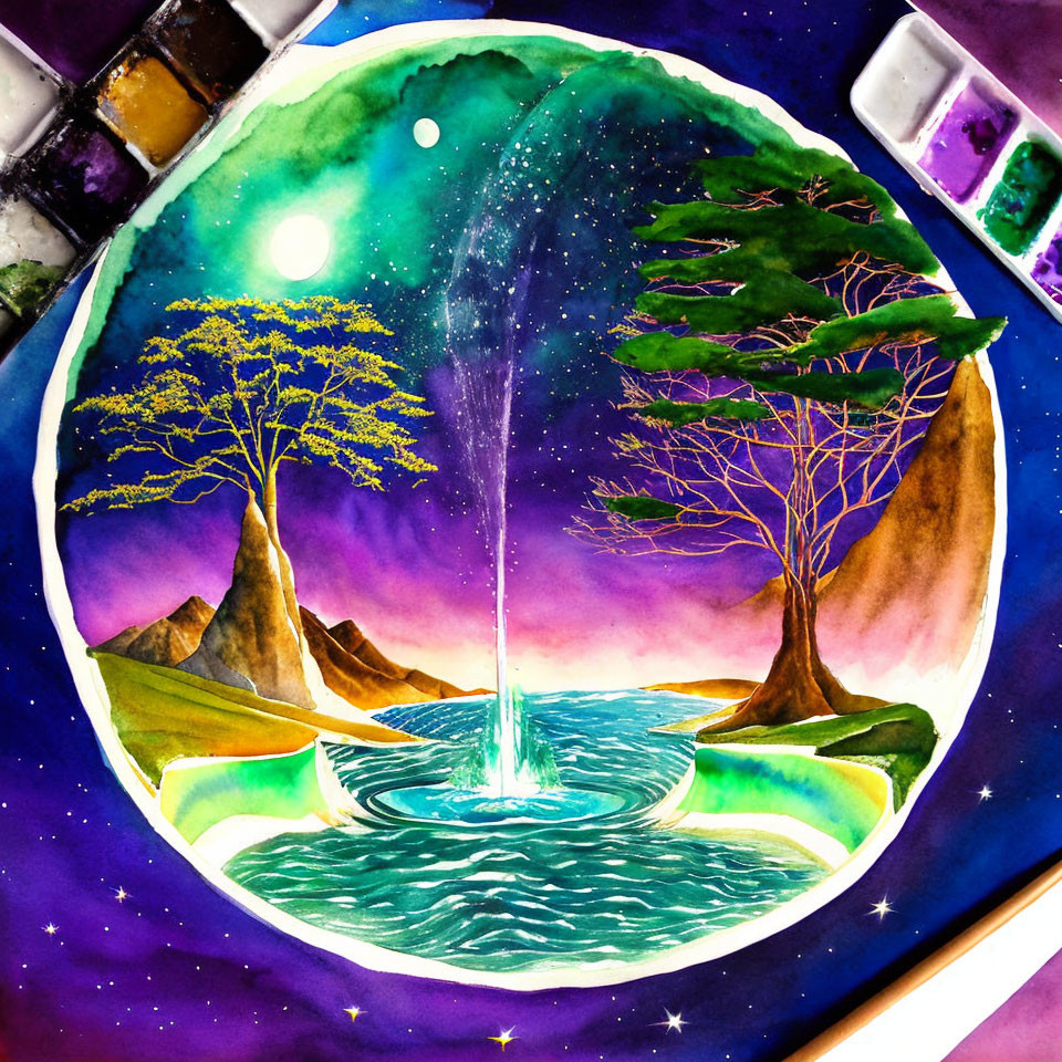 Circular landscape watercolor painting with geyser, trees, mountains, stars, and planets.