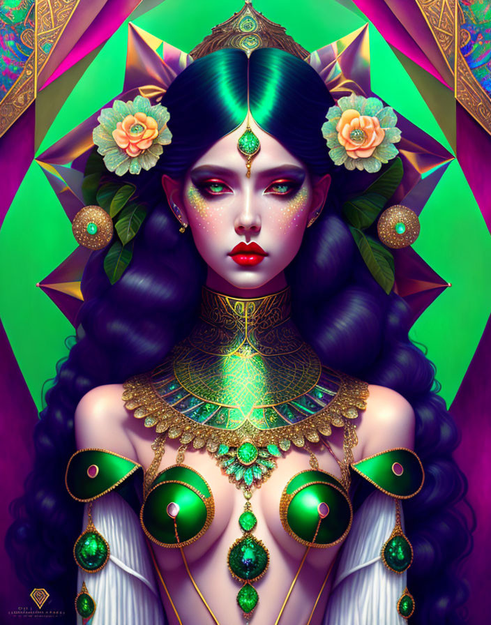 Digital Art: Woman with Violet Eyes, Black Hair, Gold Jewelry, Flowers, and Intricate Patterns