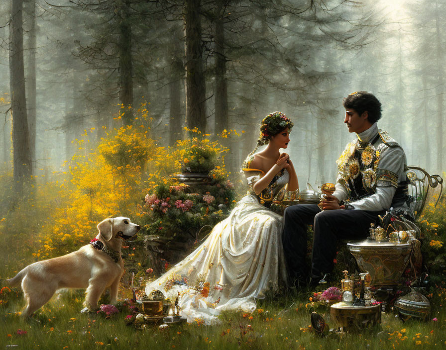 Couple in gown and uniform with dog in misty forest