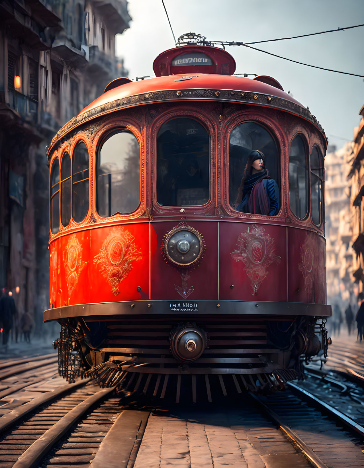 Vintage red tram in city street at dusk with woman looking out