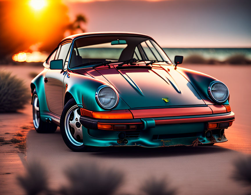 Teal Porsche 911 Classic Car on Sandy Beach at Sunset