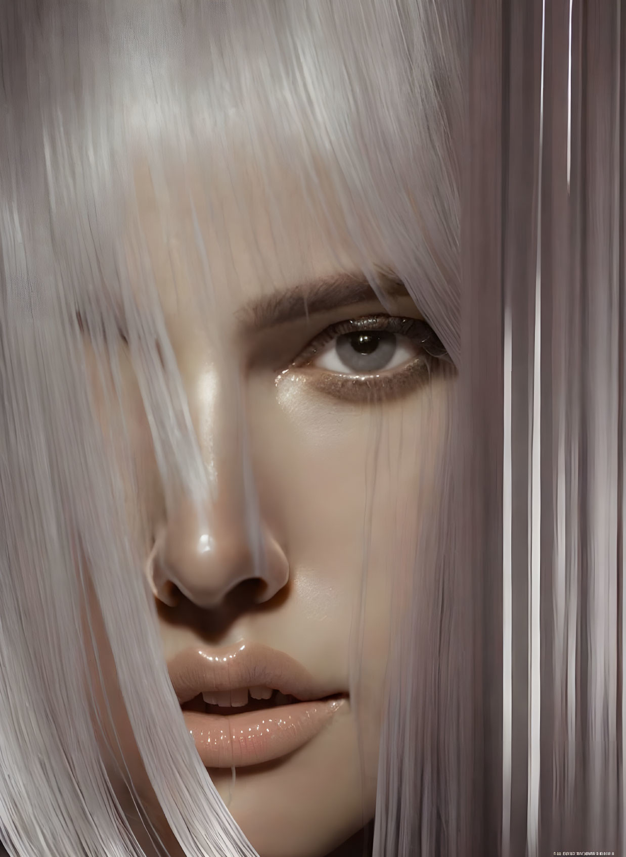 Close-up portrait of a person with grey eyes, pale skin, and white hair strands.