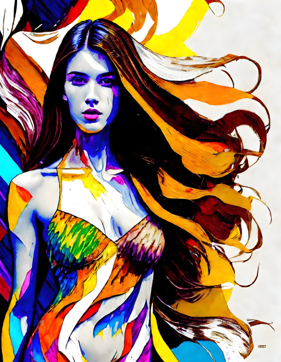 Vibrant artwork of a woman with flowing hair and abstract patterns