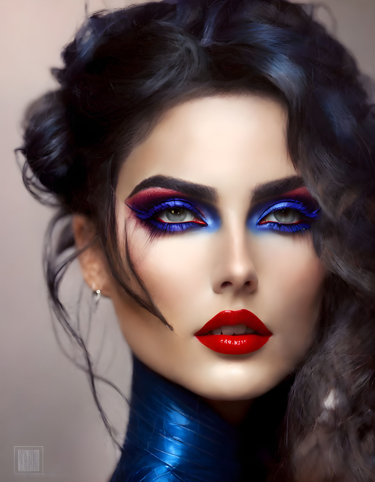 Vivid blue and pink eye makeup on woman with red lips