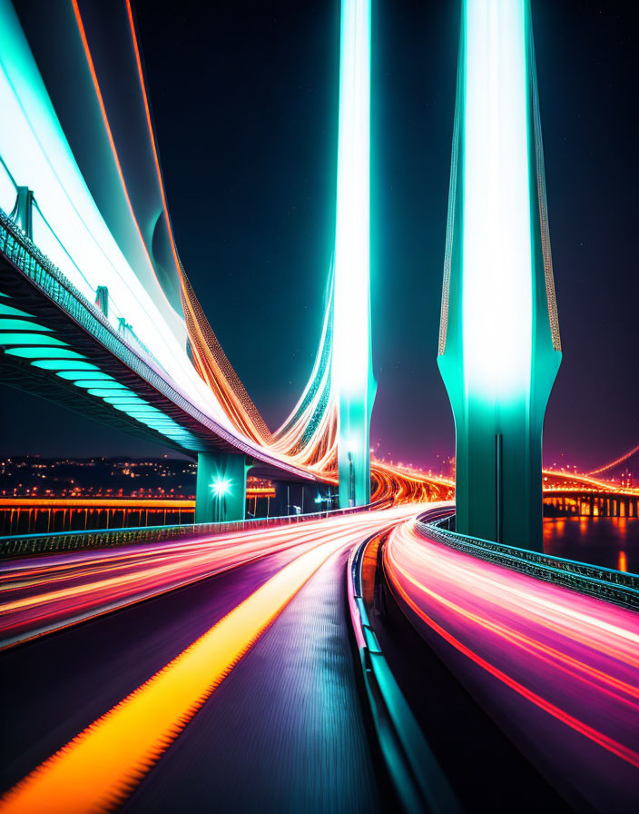 Modern bridge at night with neon blue and pink light trails