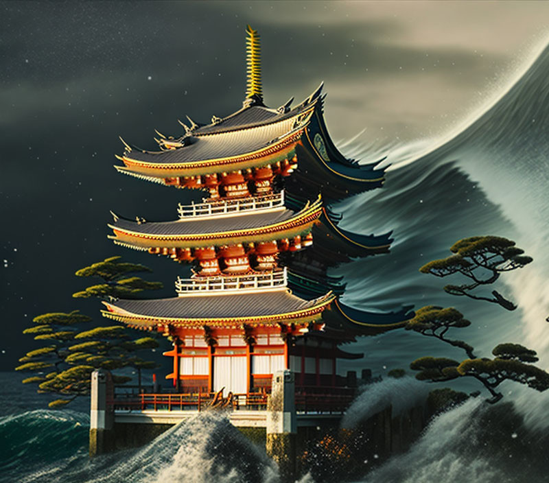 Traditional Japanese Pagoda Illuminated at Night with Rough Sea Waves Crashing by Pine Trees under Starry