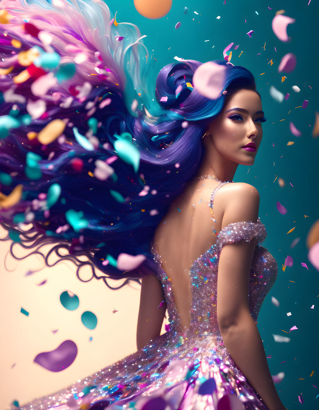 Blue-haired woman in purple gown surrounded by confetti