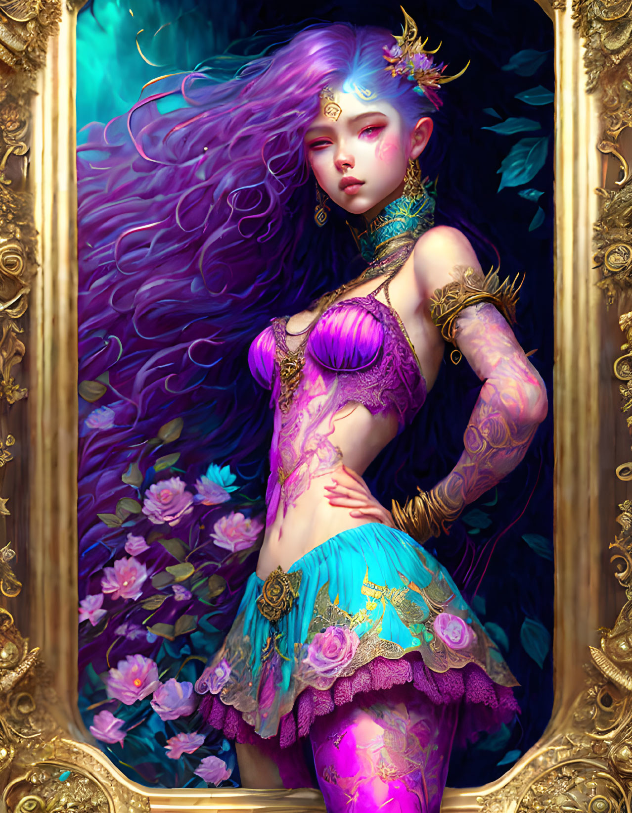 Fantastical female figure with purple hair and ornate jewelry in digital artwork