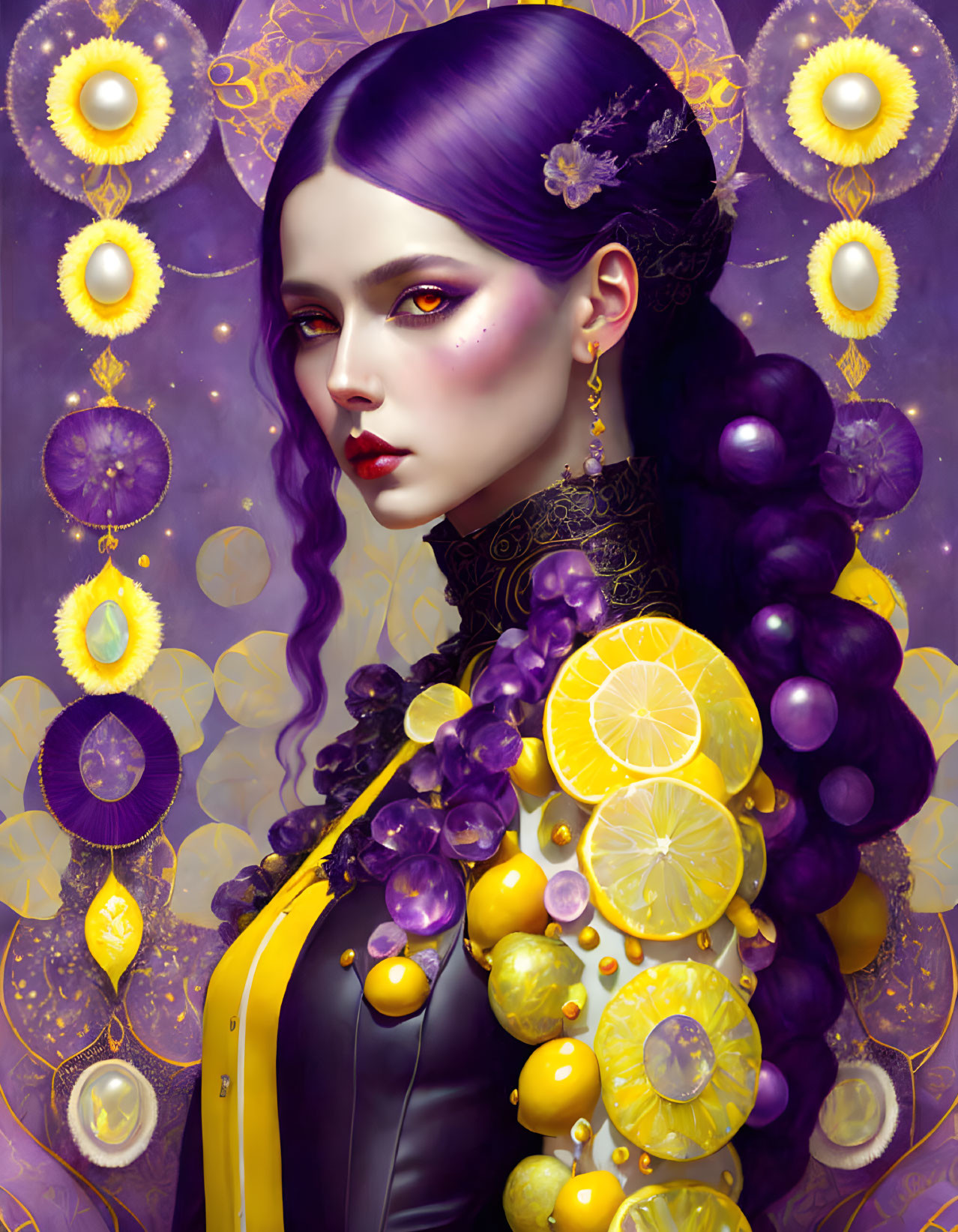 Stylized portrait of woman with purple hair, citrus, jewels, golden backdrop