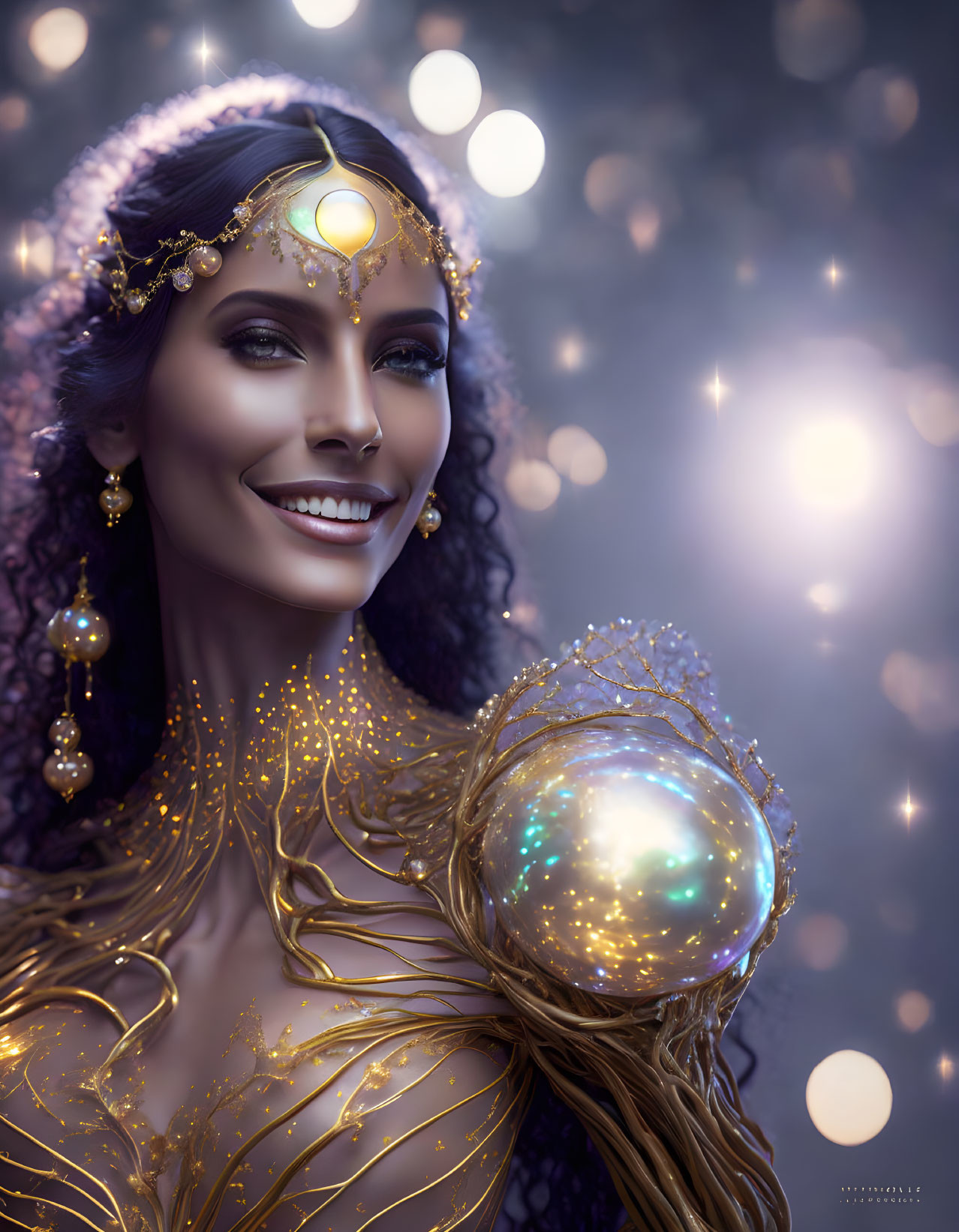 Mystical digital artwork of a woman with glowing orbs and golden accessories