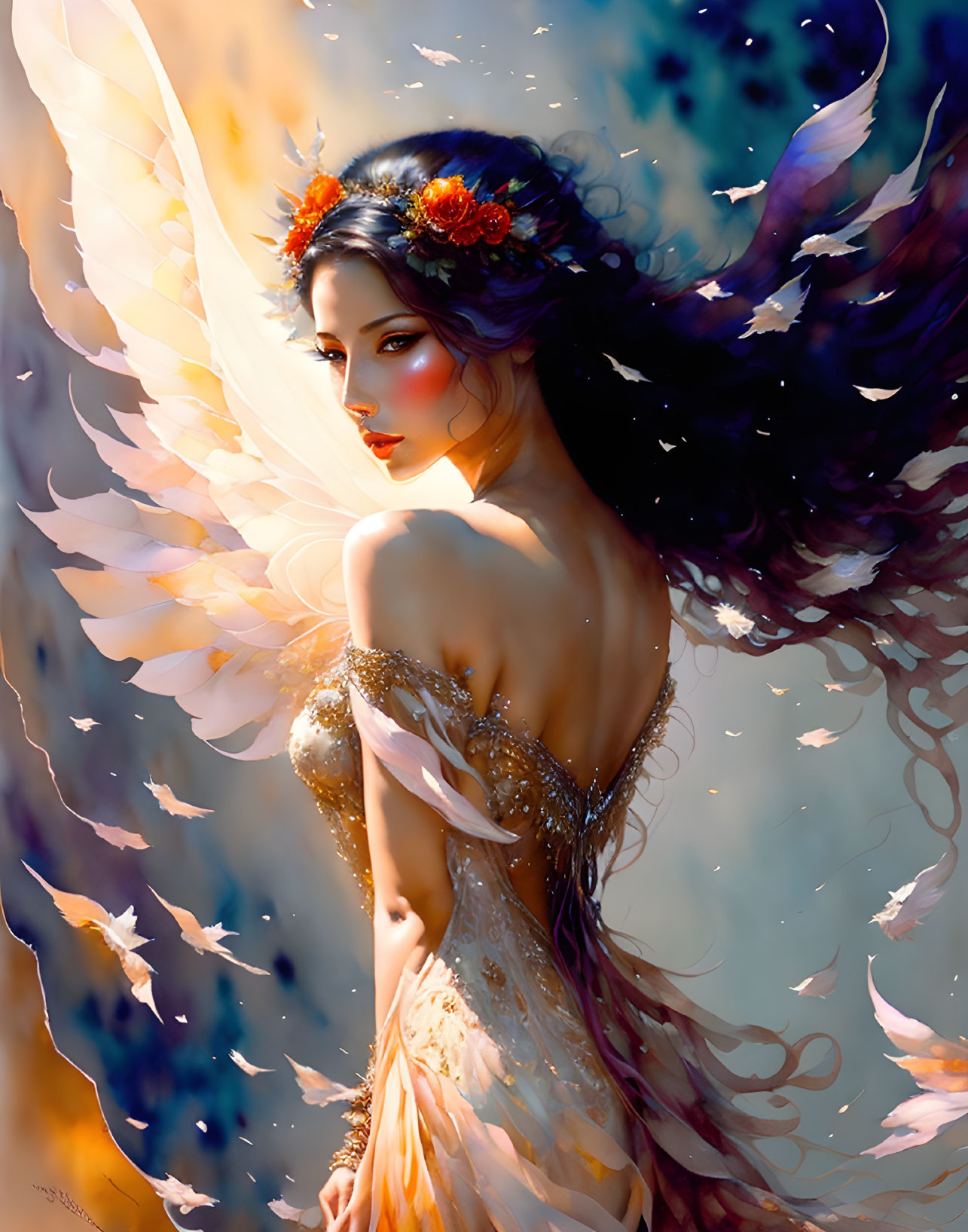 Fantastical image: Woman with butterfly wings, floral headband, glittering dress, starry