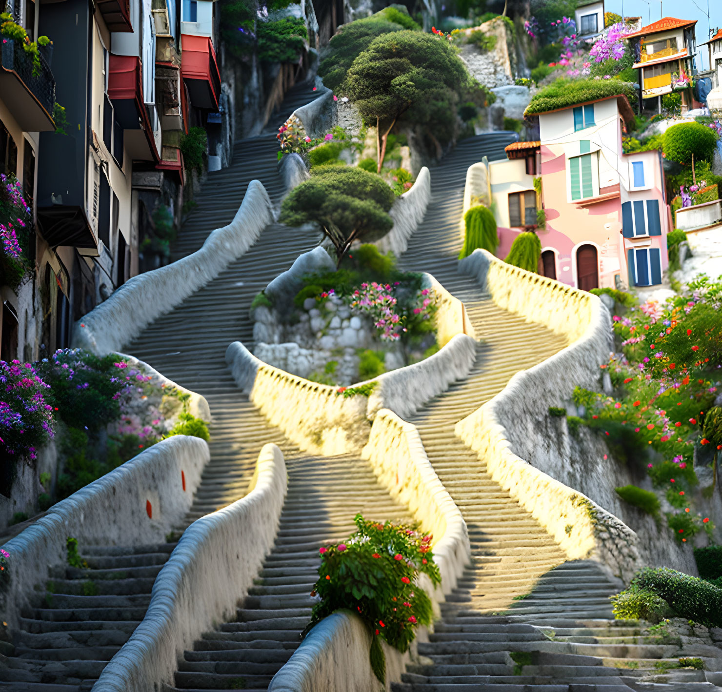 Colorful buildings and flowering plants on picturesque stairway under blue sky