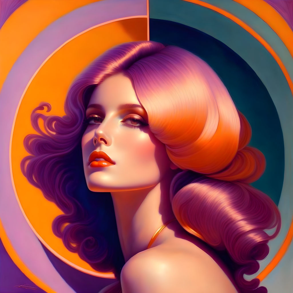 Stylized woman with pink hair on orange backdrop, emitting retro-glamorous aura