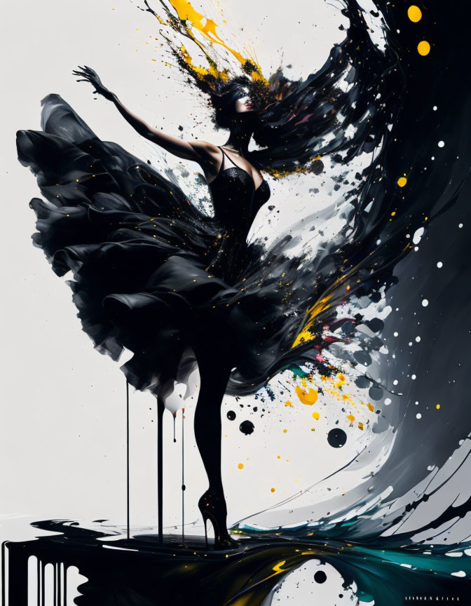 Vibrant dancer in black dress with black and yellow paint splashes