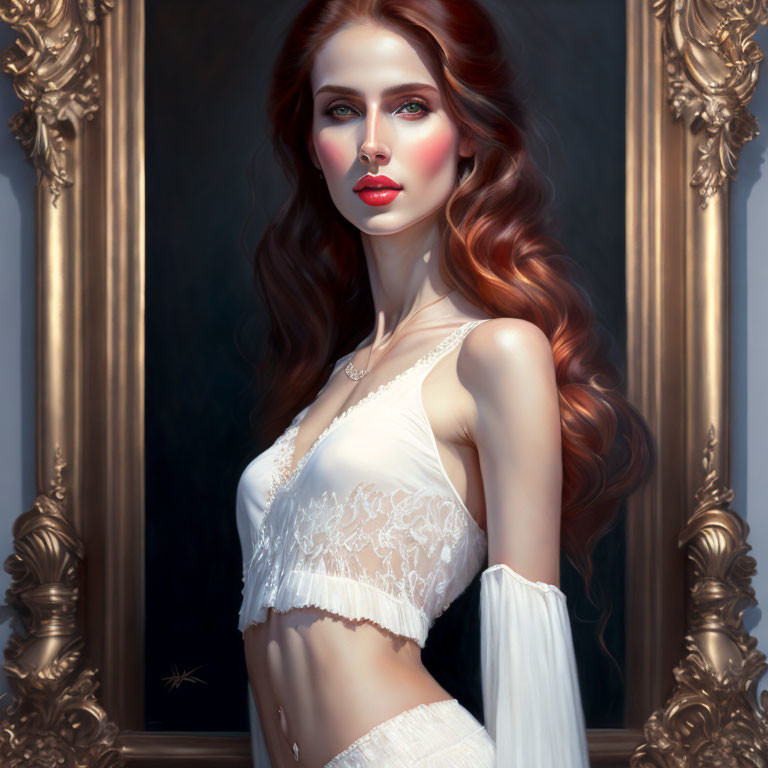 Red-haired woman in white lace top by golden frame