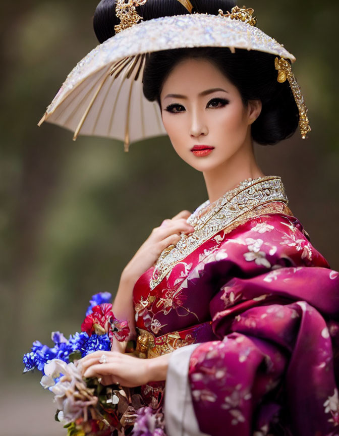 Traditional Japanese woman in elaborate attire with bouquet.