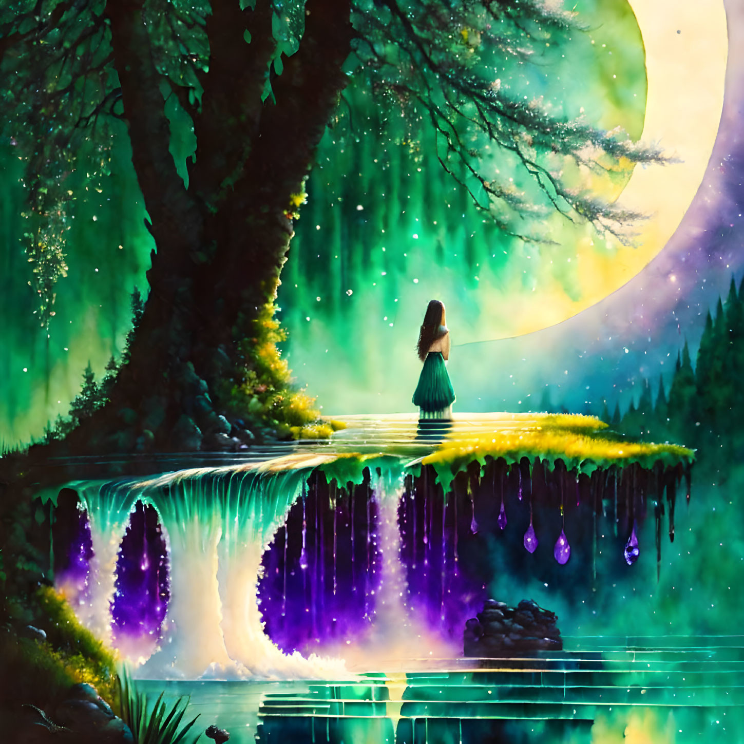 Girl standing on illuminated waterfall in fantasy forest with moon and glowing trees.