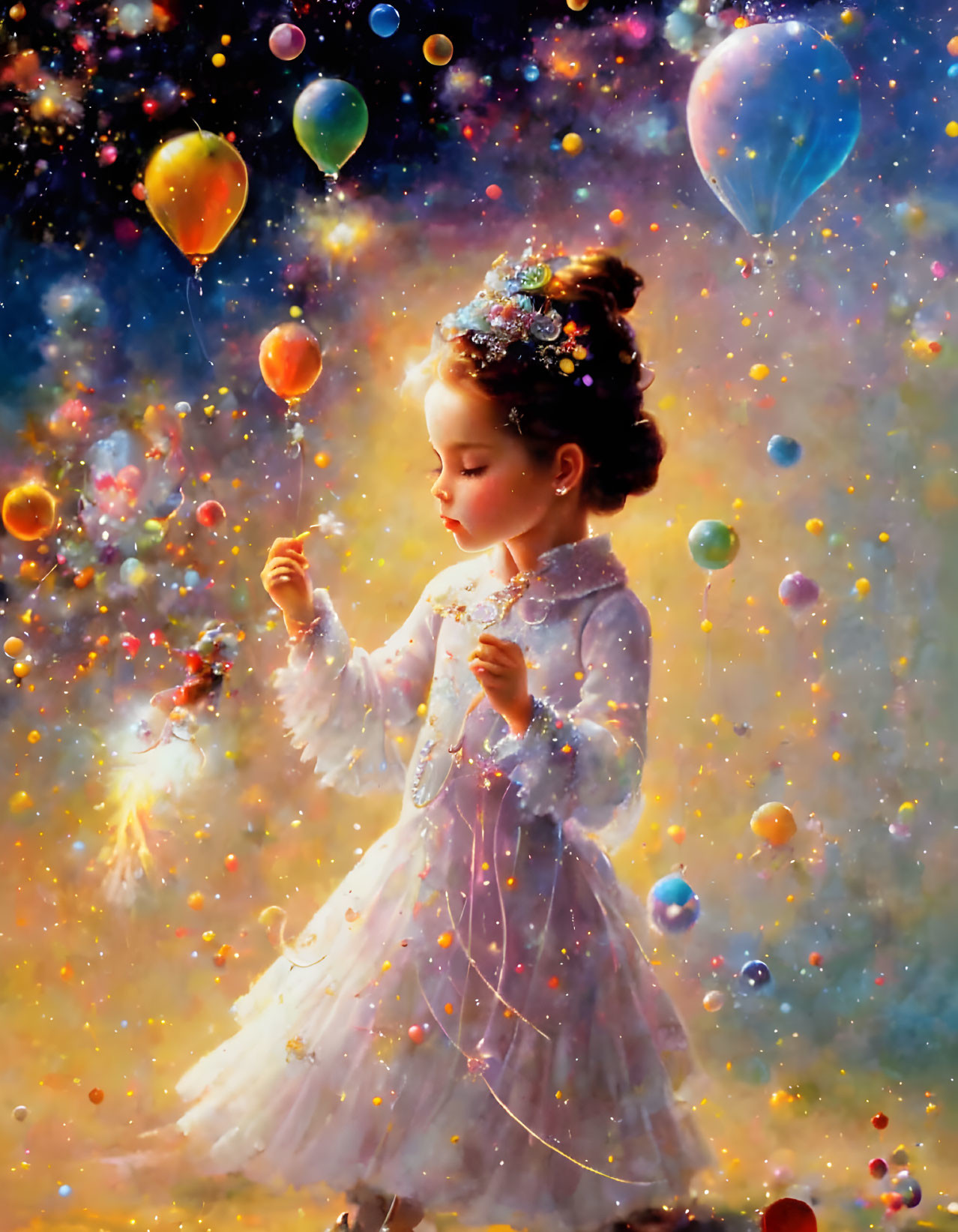 Young girl in white dress with floral headpiece surrounded by colorful balloons and bubbles on starry background