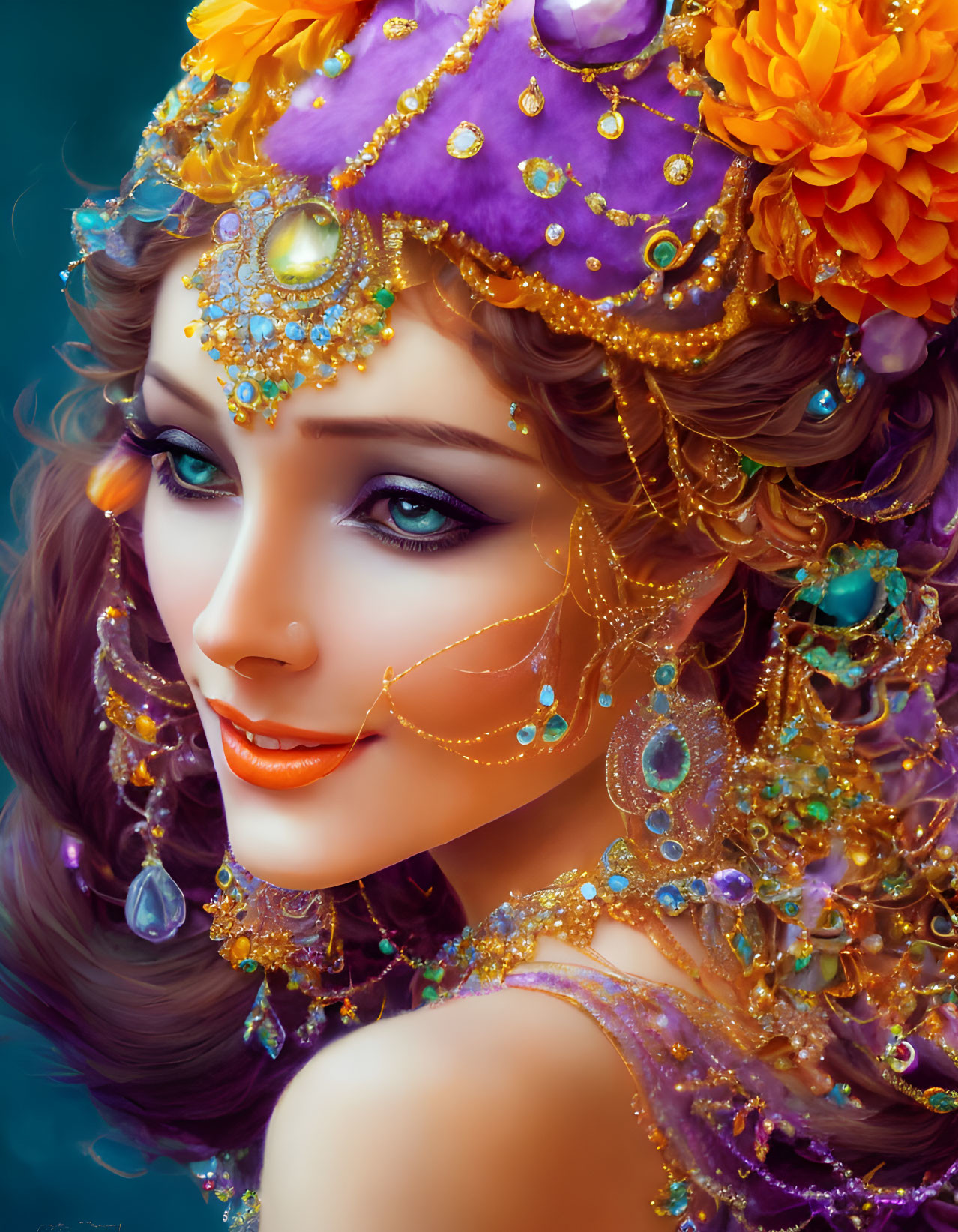 Ornate purple and gold headdress portrait of serene woman