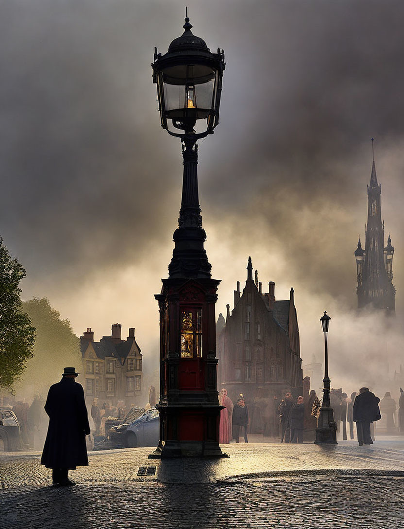 Vintage street lamp and retro-dressed people on misty cobblestone street