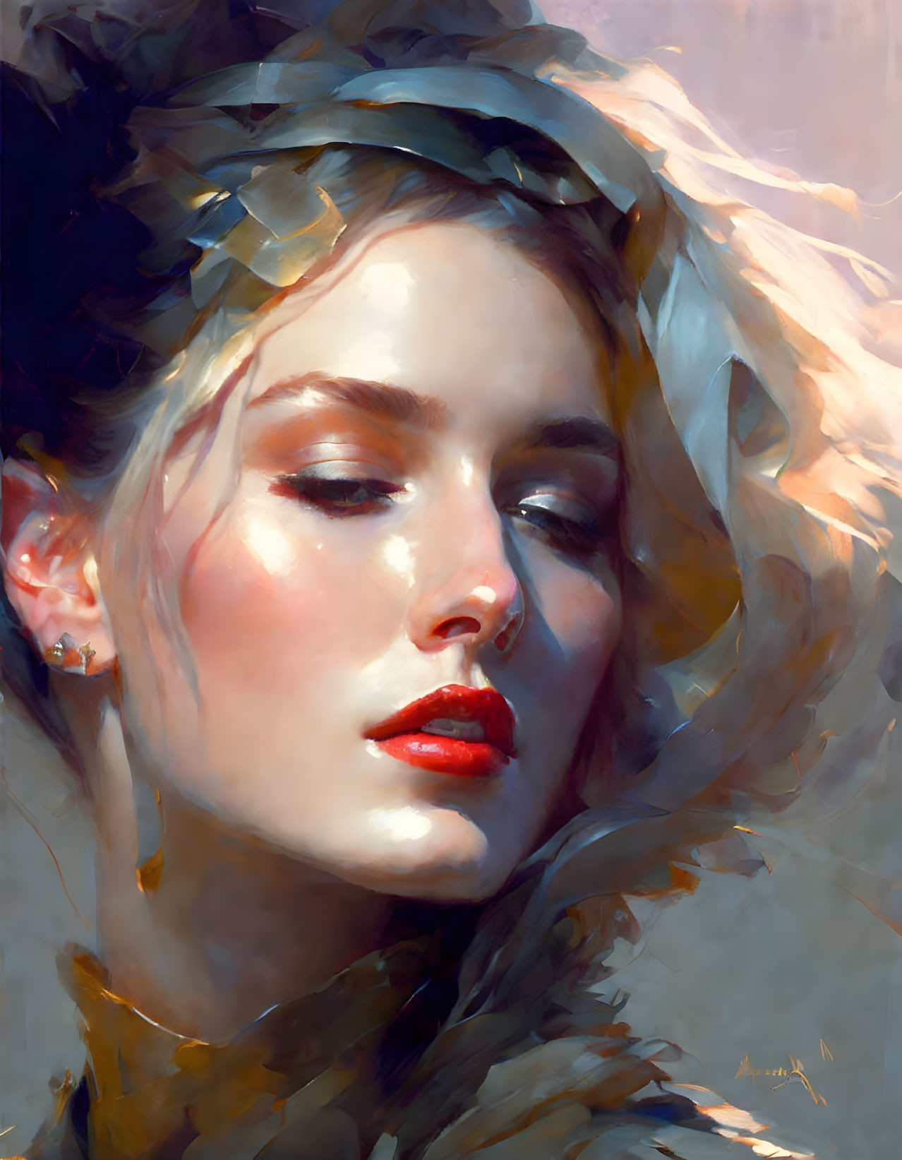 Portrait of a woman with red lips and autumn leaves in her hair, featuring dreamy gaze and soft