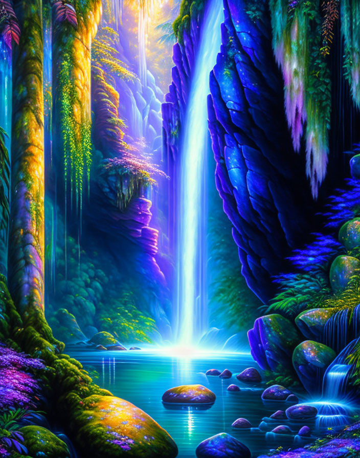 Colorful Fantasy Waterfall with Neon Lights and Moss-Covered Rocks