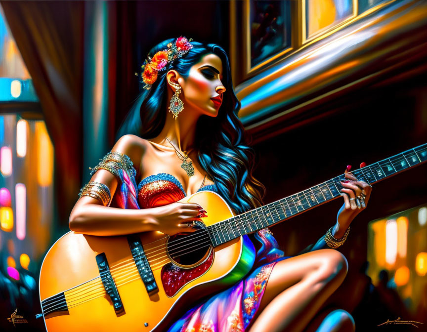 Colorful illustration: Woman playing guitar in urban nightlife.