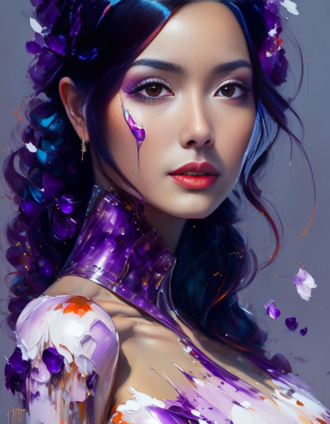 Portrait of Woman with Purple Floral Accents and Colorful Dress