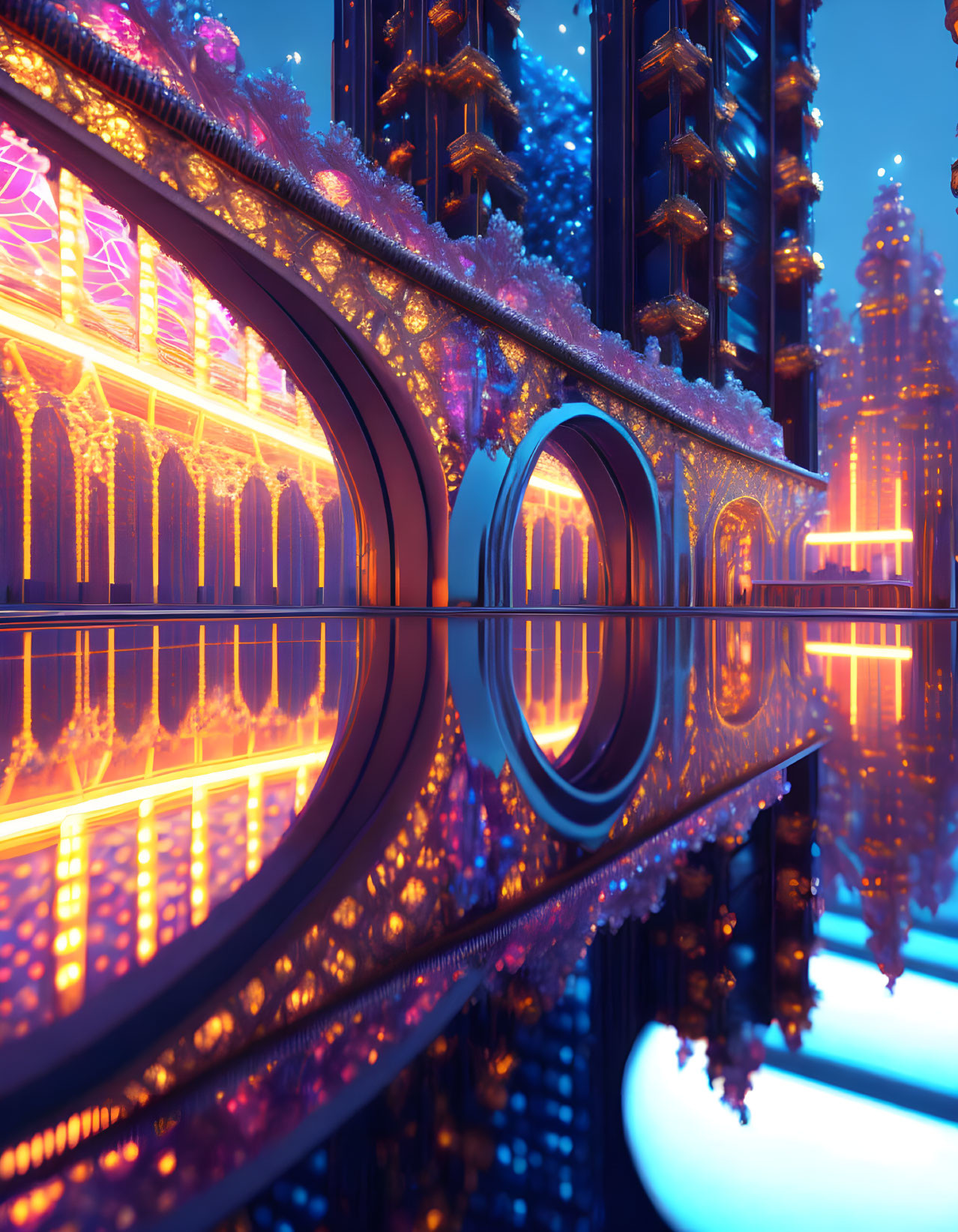 Futuristic cityscape at dusk with illuminated ornate buildings