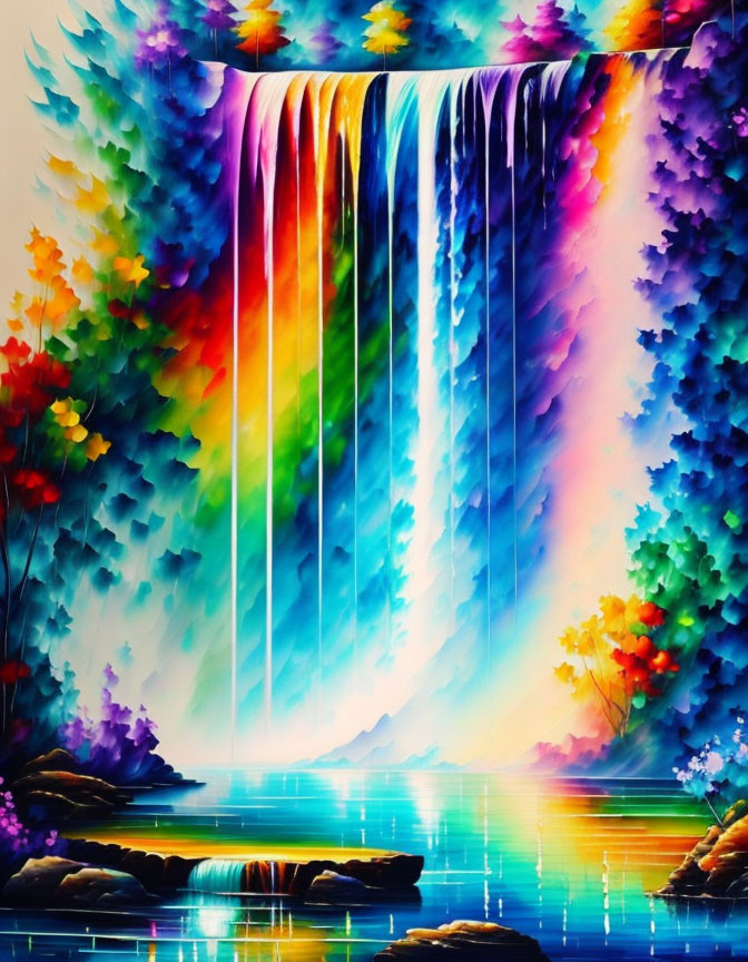 Colorful Rainbow Waterfall Painting with Blue Pool and Foliage