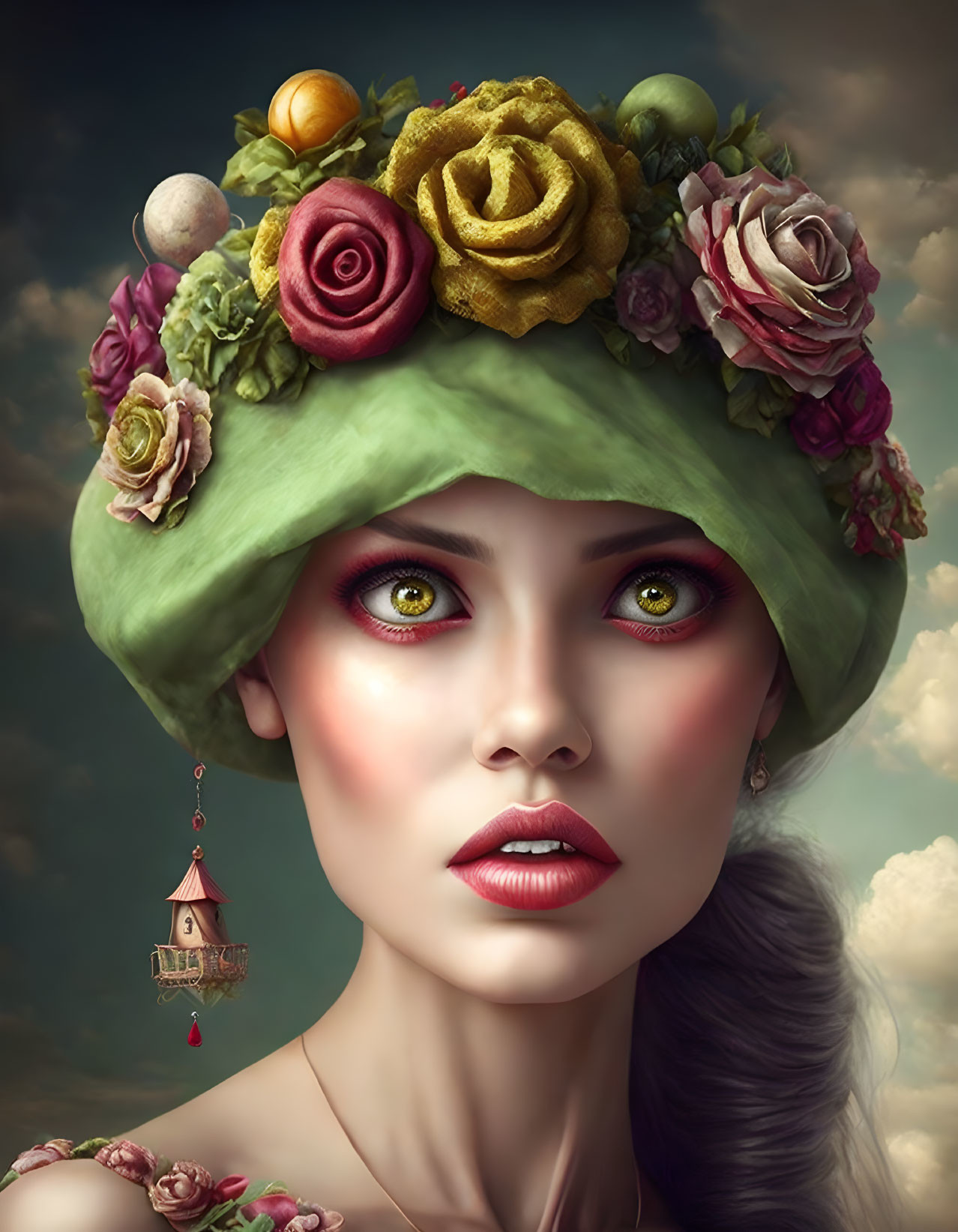 Surreal portrait of woman with green hat, red eyes, and unique earring.